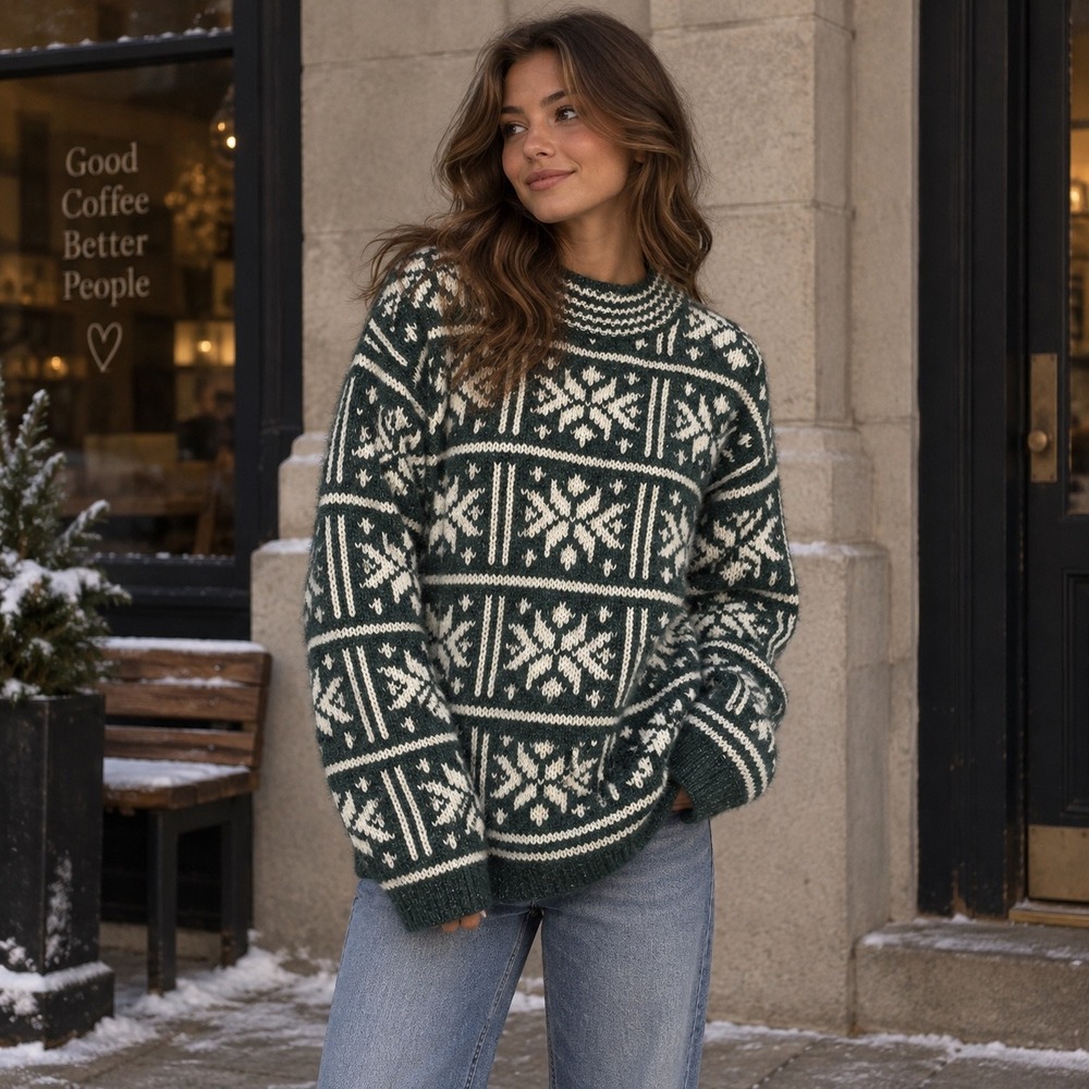 Vintage 1994 St Johns Bay Sweater Petite M Green Nordic Fair Isle Snowflake